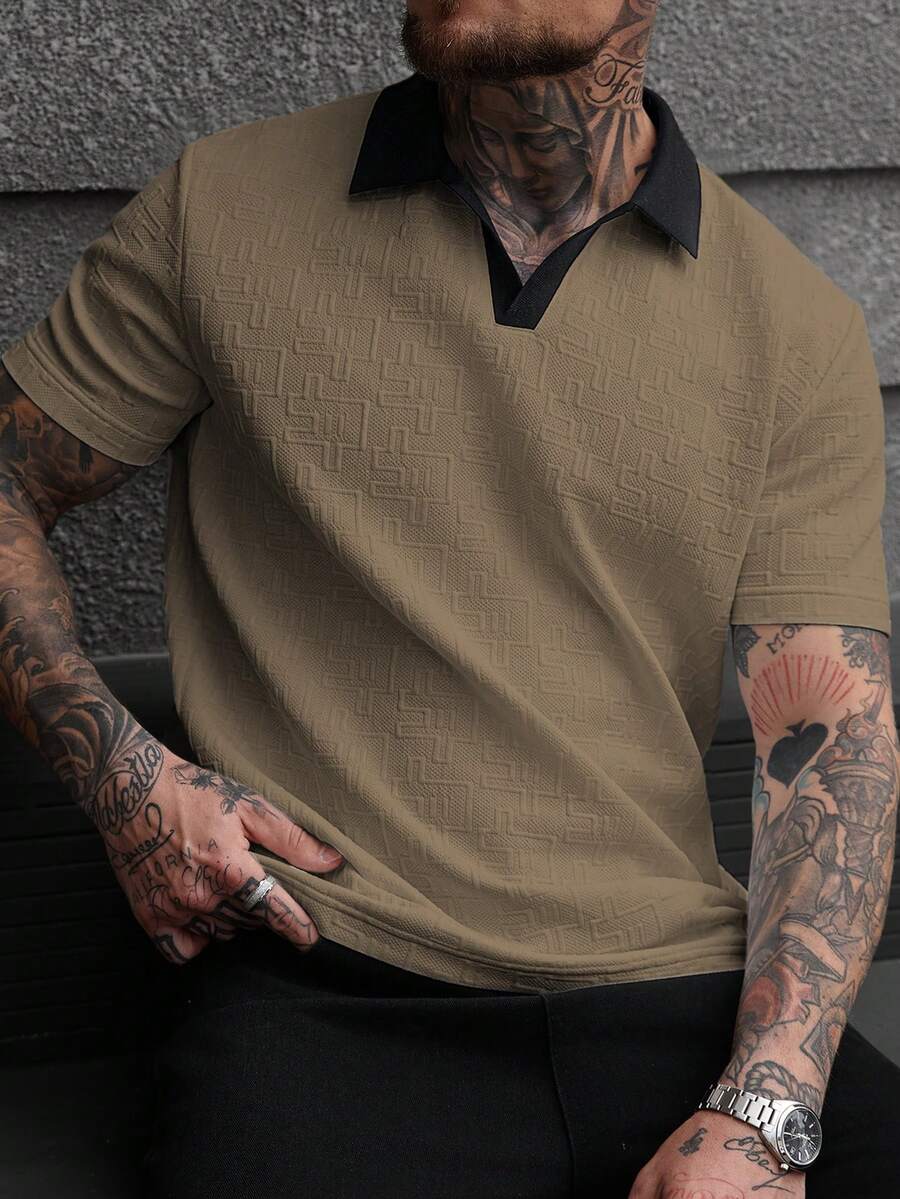 Manfinity CasualCool 男士撞色领短袖通勤休闲Polo衫 男士V领针织衫 男士纹理Polo衫 - 卡其色 - 查看 1
