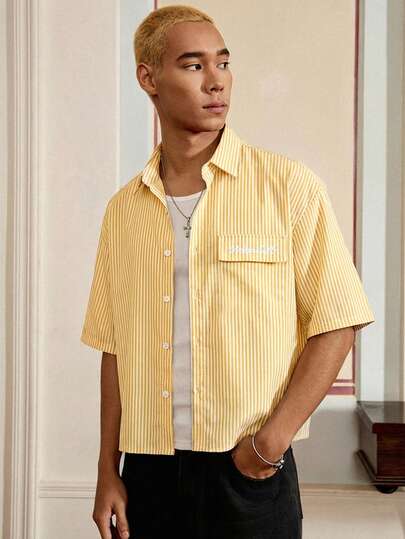 SWAVVY Men's Casual Striped Print Loose Fit Short Sleeve Shirt, Suitable For Spring/Summer Yellow Button Up Men Yellow Button Up Shirt Men Men Shirts Streetwear Yellow Striped Shirt Men