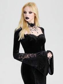 Breakform Women's Gothic Vintage Style Square Neck Lace Trim Velvet Patchwork Flare Sleeve Sexy Crop Top, Suitable For Holidays, Daily Wear, Back To School - Black - View 1