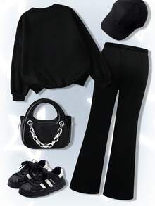 SHEIN Trolls 2pcs/Set Tween Girl Casual Cartoon Graphic Crew Neck Long Sleeve Sweatshirt And Flared Pants Outfit - Black - View 2
