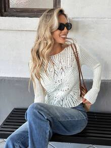 Pariaura Women's Crew Neck Long Sleeve Hollow Out Casual Versatile Sweater - White - View 6