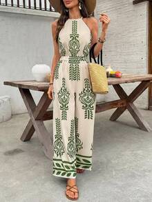 SHEIN Frenchy 女士夏季休闲波西米亚度假风印花缎面吊带阔腿连体裤 - 綠色 - 查看 5