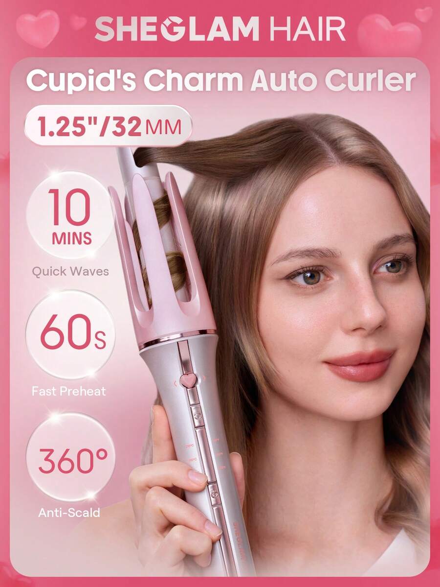 SHEGLAM HAIR 丘比特魅力自動捲髮棒，32毫米美規插頭，10分鐘快速捲髮，60秒快速預熱，3檔可調溫度，心形開關，8秒智能定時器，快速自動捲髮，增強光澤並保護秀發，適合中長髮。