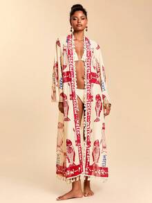 Travachic 女士度假字母鱼印花流苏边宽松和服罩衫 - 彩色 - 查看 3