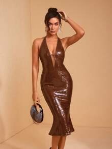 JIAN LASALA 纯棕色亮片深V领露背系带修身优雅中长连衣裙 - 咖啡 - 查看 7