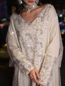 Al Najma Mesh Jacquard Patchwork Elegant Loose Long Sleeve Women Dress