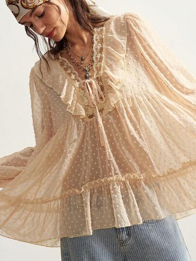 Bohemela Blusa de mujer casual de unicolor con cuello en V con volantes y manga larga