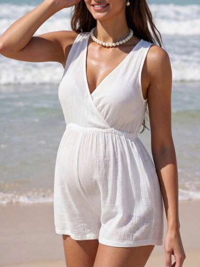 SHEIN Monos playero translúcido sin mangas con cinturón para mujeres embarazadas en verano con unicolor para cubrir