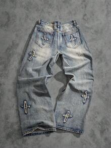 Manfinity ZONE917 Y2K Retro Streetwear Men's Light Blue Washed Loose Distressed Wide Leg Baggy Jeans, For Husband, Boyfriend Gifts Going Out Hang Out Commute Street Urban, Emo Style - Light Wash - View 4