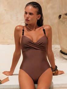 Swim Chiccia 1pc Beaded Halter Neck Sexy One-Piece Swimsuit With Underwire, Summer - Coffee Brown - View 5