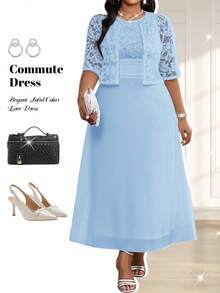 Fleurora Plus Size Women Floral Lace Short Sleeve Cardigan And Sleeveless Blue Dress Elegant 2 Piece Set Summer Dress  Spring Outfit Women  Party Dress Stylish Clothing Collection Light Blue Dress Curve - Blue - View 1
