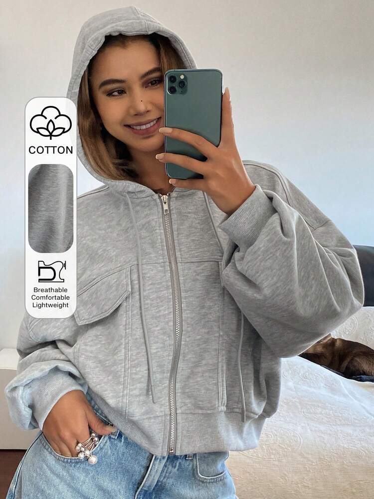 Women's Solid Color Loose Short Hooded Zipper Front Casual Sports Street Sweatshirt, Autumn/Winter Y2k Hoodies