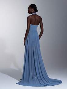 Elitara 极简褶皱无肩带A字裙摆连衣裙，拉链闭合，适合作为晚礼服、派对礼服，轻盈网纱连衣裙 - 藍色 - 查看 3