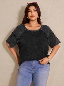 Elaquor 大码女式圆领插肩短袖露背休闲度假T恤 春季女式T恤 - 黑色 - 查看 6