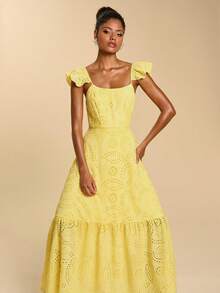 Travachic Women's Hollow Embroidery Romantic Vacation Cap Sleeve Dress - Yellow - View 6