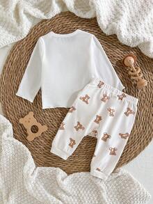 Loomiva Off-White Autumn Cute Family Matching Newborn Baby Boy Girl Cute Bear Pattern Knitted Round Neck Long Sleeve Pullover & Elastic Pants 2pcs Set Outfit - White - View 2