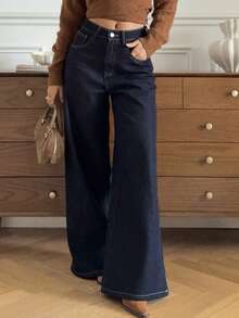 DAZY Women's Casual Washed Flared Jeans With Thermal Lining, Autumn/Winter - Blue - View 8