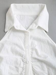 Sweetra Women's White 100% Cotton Sleeveless Ruched Front Cropped Casual Shirt, Summer - White - View 3