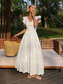 DAZY French Intricate Lace Embroidery V-Neck A-Line Dress With Flared Skirt - White - View 1