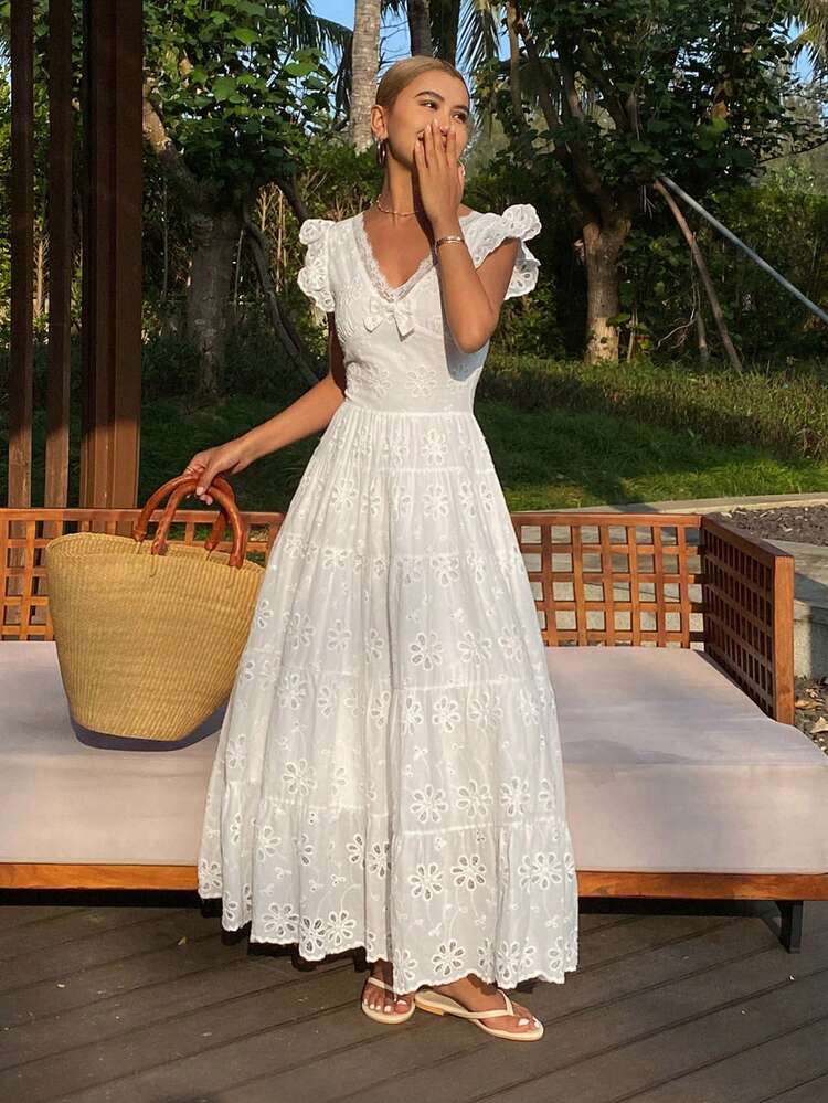 French Intricate Lace Embroidery V-Neck A-Line Dress With Flared Dress Sundress