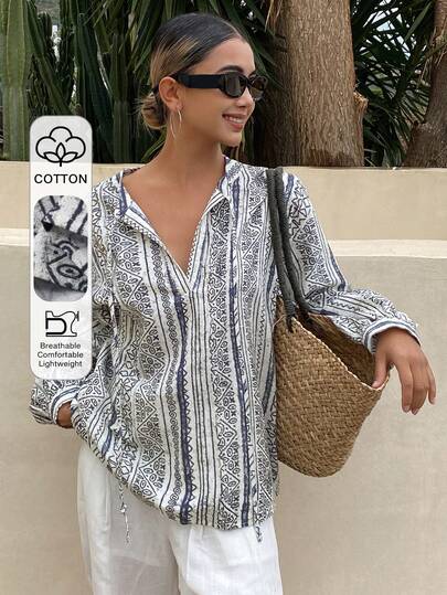 Livesso 波西米亚几何图案宽松休闲沙滩度假V领条纹撞色长袖衬衫，女款，春夏款