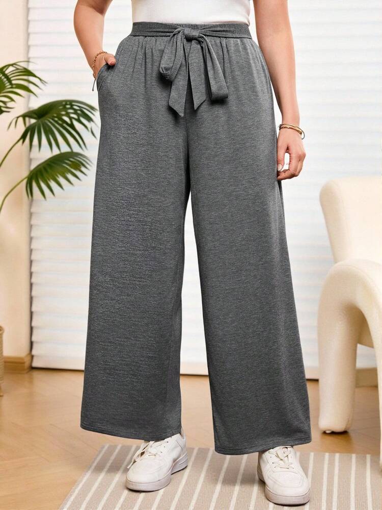 Plus Size Dark Grey Knitted Straight Leg Pants With Pockets Casual And Comfortable Long Trousers For Women