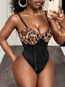 BamGleam Women's Summer Leopard Print Patchwork Bodysuit - Black - View 6