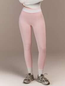 Menodora SHEIN Sport Quần legging thể thao nữ tối giản, cạp cao, co giãn, ôm bụng, phối màu tương phản, thích hợp cho kỳ nghỉ hè, quà tặng Valentine cho nữ, ngày lễ tình nhân, trang phục thường ngày, đồ thể thao nữ, quần tập gym màu hồng, quần tập yoga màu hồng. - Hồng - Xem 9