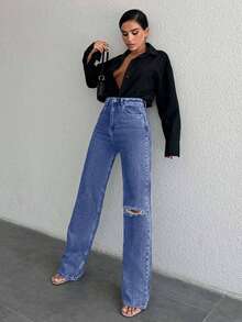 EURMUSE Women's High Waist Pockets Distressed Straight Loose Casual Versatile Jeans - Dusty Blue - View 3
