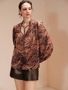 Arave 女士波西米亚风休闲宽松V领印花衬衫，春秋季 - 彩色 - 查看 4