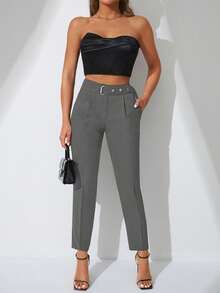 SHEIN Cottnline Side Pocket With Belt Trousers - Dark Grey - View 5
