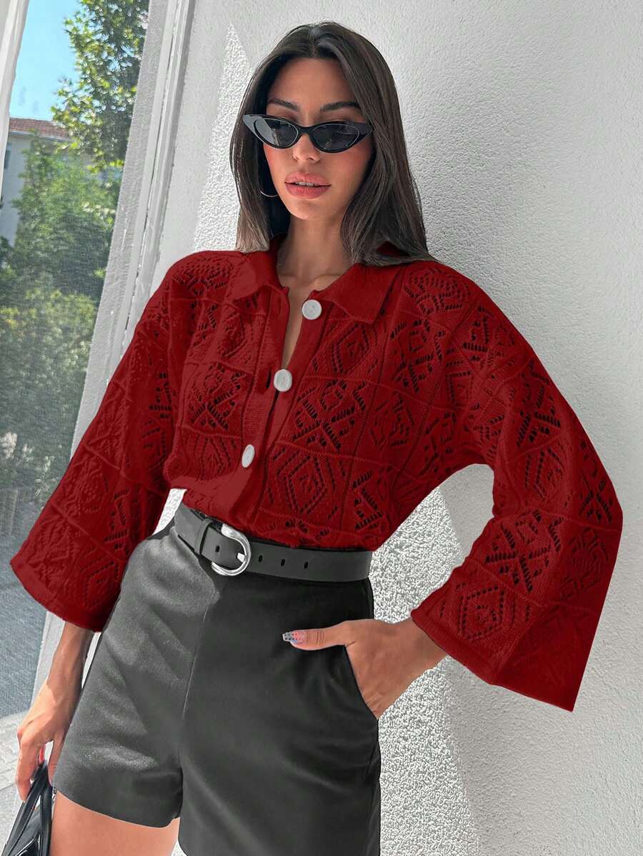 EURMUSE Women's Solid Color Long Sleeve Sweater, Fashionable For Spring & Autumn - Red - View 1
