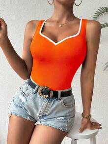 Chiquease Contrast Color Heart Collar Sleeveless Fitted Tank Top - Burnt Orange - View 3