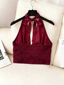 GlowEve 新款V领交叉领无袖亮面面料优雅通勤年轻百搭日常修身女式衬衫 - 酒紅色 - 查看 2