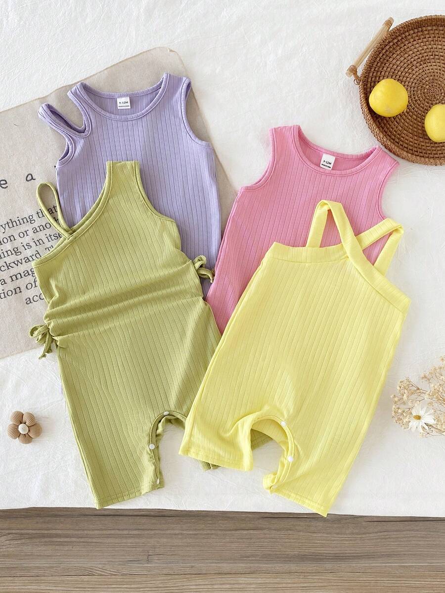 SHEIN Baby Girls' Fashionable Street Style Asymmetrical Camisole Knitted Jacquard Romper, Suitable For Street Wear And Everyday Occasions, Summer - Multicolor - View 1