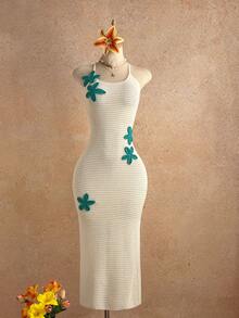 Elamini Women's White Sweater Dress, Sexy Beach Vacation Style With Blue Floral Long Dress, Summer - White - View 4