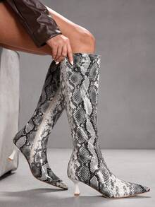 CUCCOO SZL Giày bốt cao đến đầu gối mũi nhọn họa tiết da rắn tối giản thanh lịch đa năng dành cho nữ, khóa kéo bên hông, kiểu dáng stiletto, thích hợp cho mùa Giáng sinh. - Đen và trắng - Xem 6