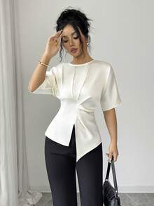 Siren Gaze Damen Einfarbige Satin Plissee Taille Design Bluse, elegantes Damen Hemd - Aprikosenfarben - Übersicht 3