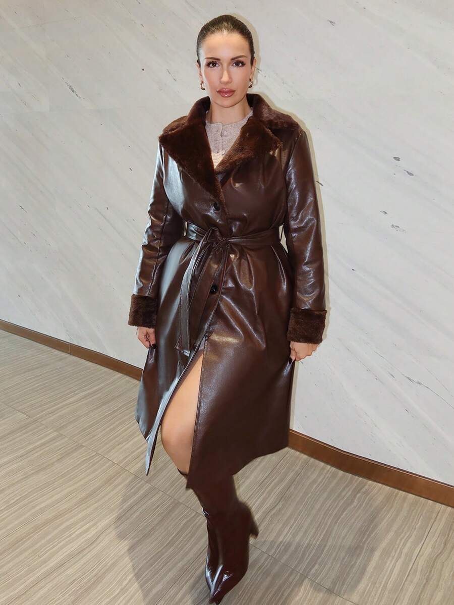 MDEdit Women's Fluffy Panel Front Button Closure Long Sleeve Casual PU Leather Trench Coat Fall Winter Cloth For Women - Brown - View 1