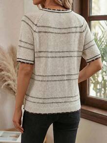 EMERY ROSE Commuting Chic Versatile Striped Round Neck Raglan Sleeve Top - Beige - View 2