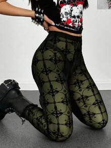 StreetHx Women's Black Sheer Mesh Punk Flocked Leggings - Army Green - View 1