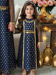 عباياتabaya
جلابياتjalabiya
جلابيه 
الملابس التقليدية العربية,Young Girl Gold Polka Dot Sleeveless Dress With Black Mesh Overlay, Dress Trimmed With Gold Edging, Suitable For Holidays Or Formal Occasions, Girls Navy Blue Abaya, Kids Arabic Dress, Kids Party Wear Dresses, Dark Blue Dress For Girls - Multicolor - View 1
