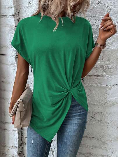 SHEIN LUNE Women's Round Neck Bat Sleeve Twist Hem Casual Solid Color T-Shirt