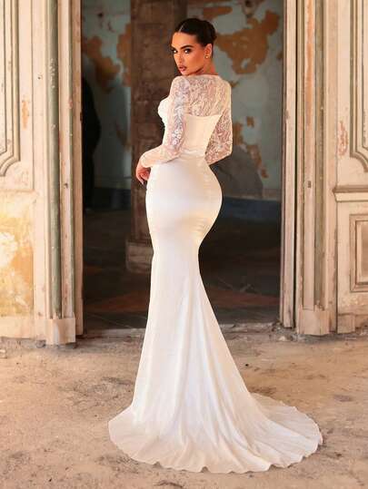 Aureia Elegant And Glamorous White Sequined Embroidery, Stretch Satin Fabric, Hand-Studded Rhinestone Chain Embellishments, Round Neck, Sheer Long Sleeves, Pleated Waist With Bust, And A Full Mermaid Train. Suitable For Brides, Weddings, And Formal Occasions. A Heavily Embellished Wedding Gown.,Wedding Party Dress