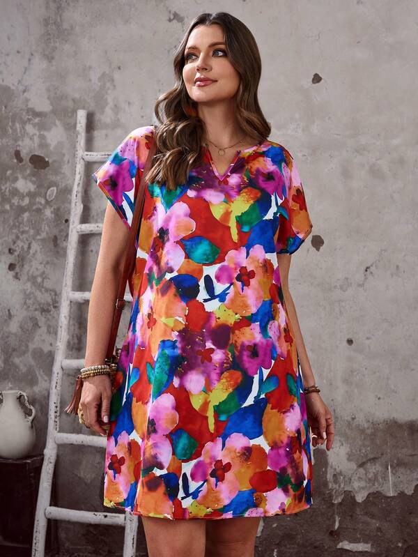 EMERY ROSE 大码女式碎花V领短袖休闲连衣裙