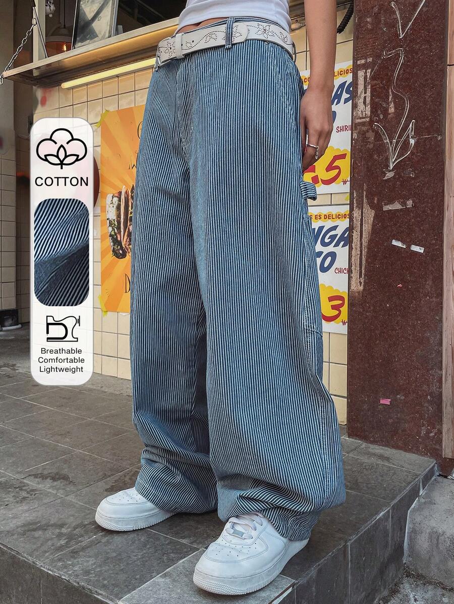 DAZY High Waist Slimming Vertical Striped Wide Leg Casual Versatile Women Jeans - Blue - View 1