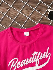 SHEIN 少女粉白撞色短袖字母印花T恤和迷你裙套装 - 玫紅色 - 查看 4