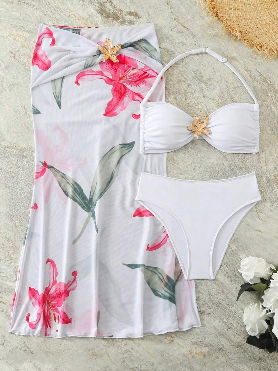 SHEIN Conjunto de bikini de 3 piezas con flor de lirio para adolescentes, para playa y vacaciones - Multicolor - Ver 1