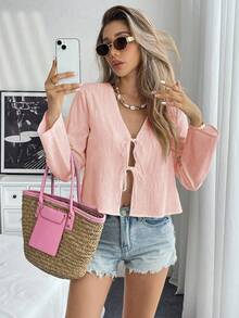 Pariaura （100% 棉）纯色系带落肩衬衫，假日纯色梭织宽松常规女式衬衫，喇叭袖 - 淺粉色 - 查看 6