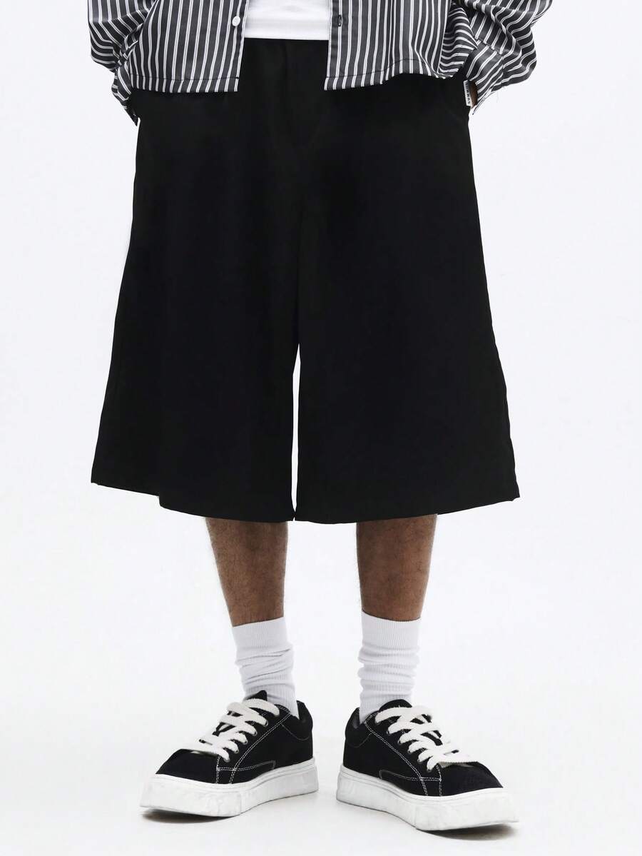 SUMWON Shorts Denim Larga com Cintura Elástica, Estilo Casual de Verão - Preto - Visão 1